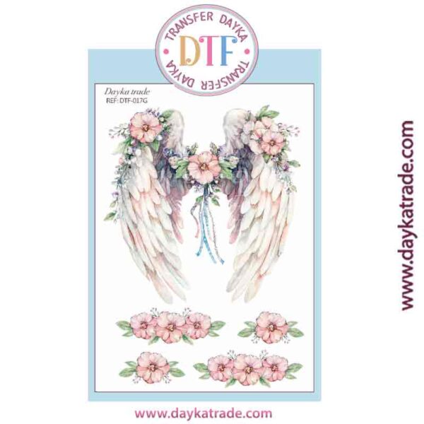 DTF-017 TRANSFERENCIA TEXTIL CON DIBUJO DE ALAS CON FLORES ROSAS