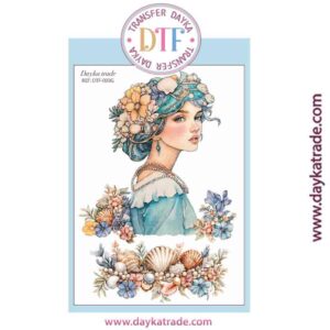 DTF-003 TRANSFERENCIA TEXTIL CON DIBUJO DE CHICA CON FLORES Y CONCHAS