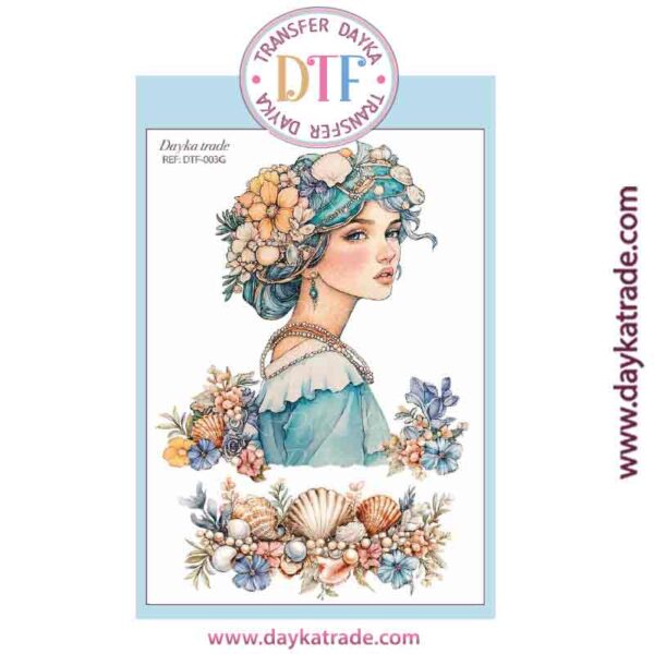 DTF-003 TRANSFERENCIA TEXTIL CON DIBUJO DE CHICA CON FLORES Y CONCHAS