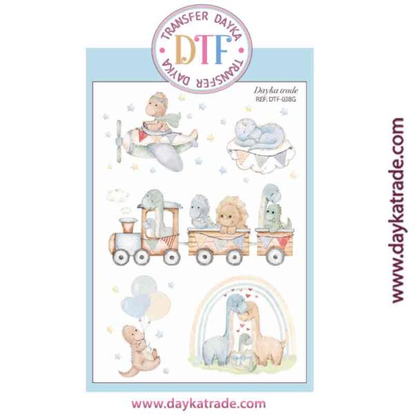 DTF-038 TRANSFERENCIA TEXTIL CON DIBUJOS DE DINOSAURIOS BEBÉ AZULES