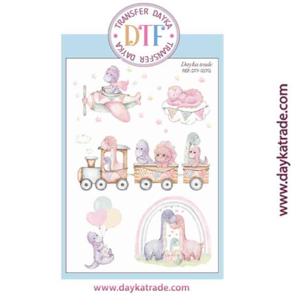 DTF-037 TRANSFERENCIA TEXTIL CON DIBUJOS DE DINOSAURIOS BEBÉ ROSAS