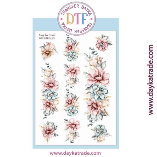 DTF-022 TRANSFERENCIA TEXTIL CON DIBUJO DE FLORES ROSAS, AZULES Y BLANCAS