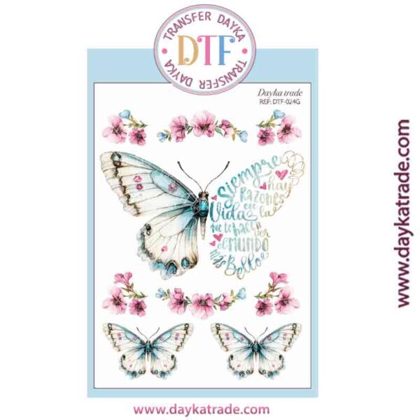 DTF-024 TRANSFERENCIA TEXTIL CON DIBUJO DE MARIPOSA CON FRASE