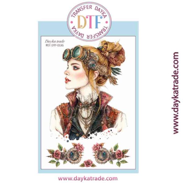 DTF-011 TRANSFERENCIA TEXTIL CON DIBUJO DE CHICA CON MOÑO ESTILO STEAMPUNK