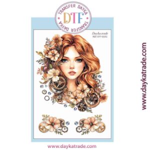 DTF-010 TRANSFERENCIA TEXTIL CON DIBUJO DE CHICA PELIRROJA CON FLORES Y ENGRANAJES