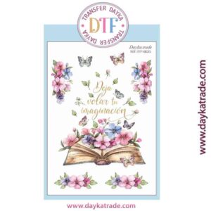 DTF-002 TRANSFERENCIA TEXTIL CON DIBUJO DE LIBROS Y MARIPOSAS